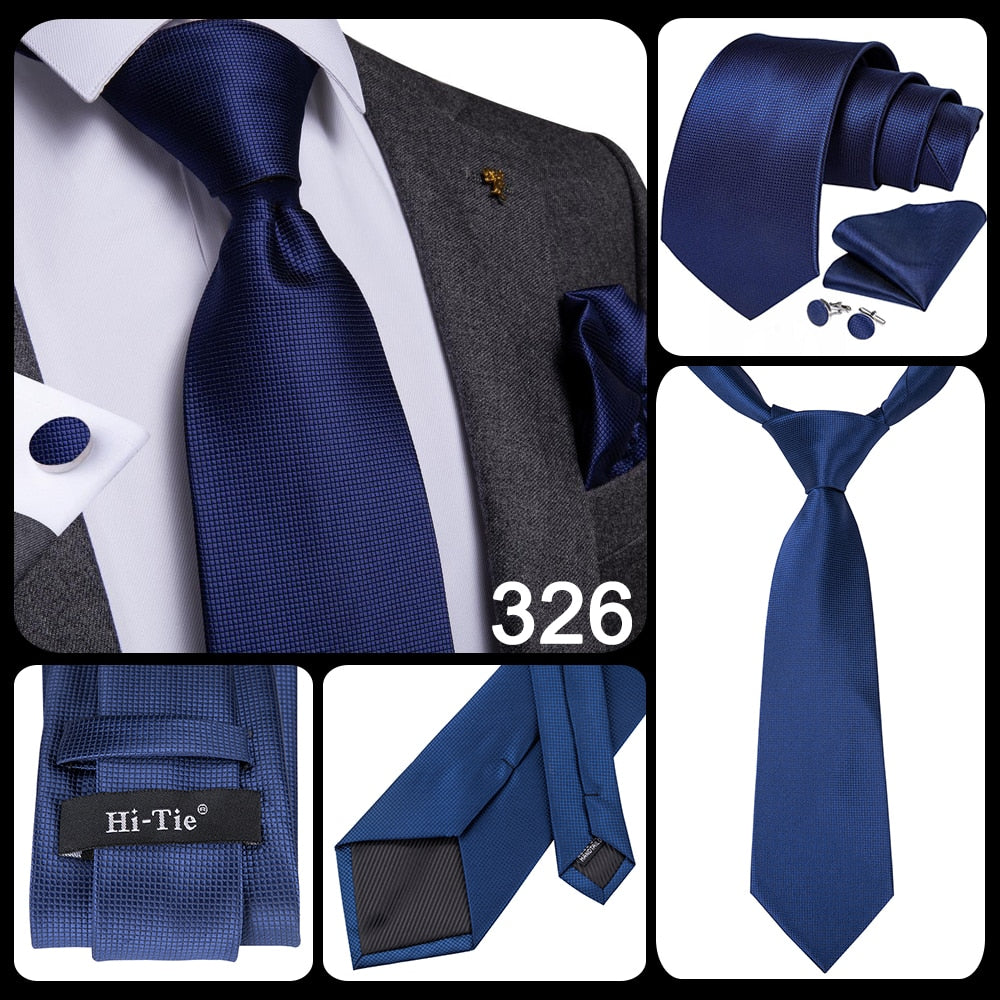 Three-piece men's business accessories set including a blue and black striped silk necktie, pocket square, and cufflinks.