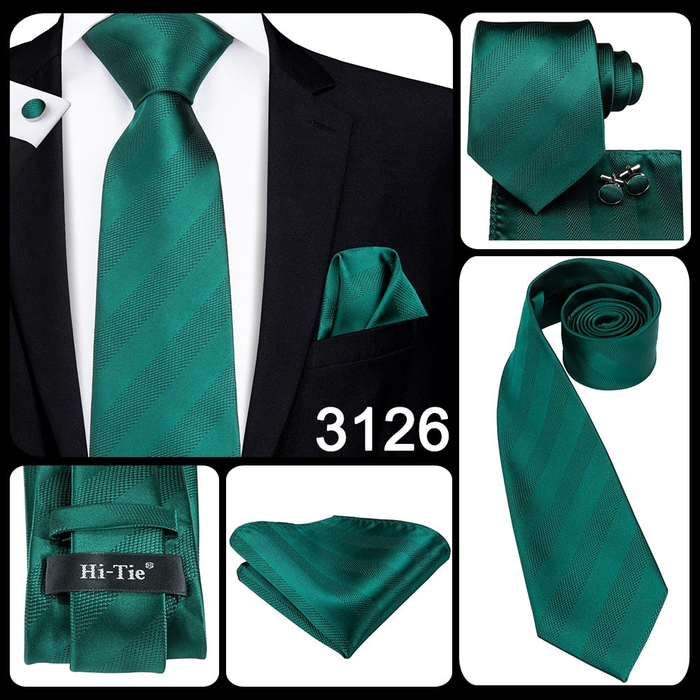 Three-piece men's necktie, pocket square, and cufflinks set in classic blue and black striped silk, by The Clothing Company Sydney.