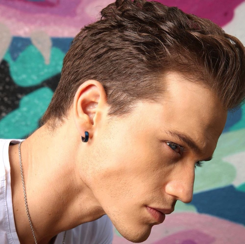Stainless steel Rock Punk Huggie earrings, small hoop design for men, boho jewelry style with chain detail, by The Clothing Company Sydney.