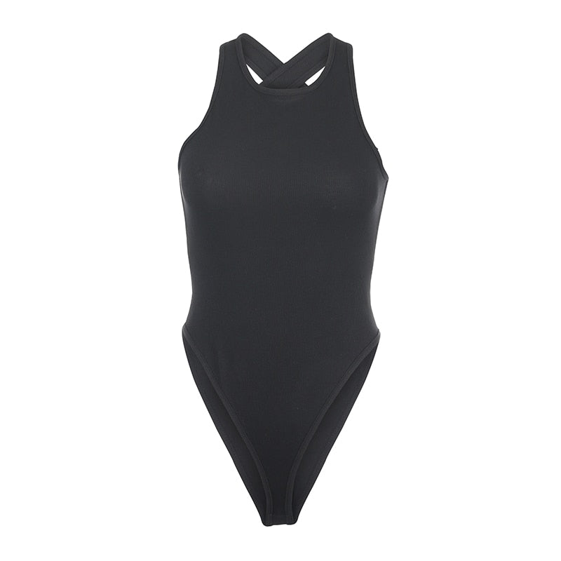 Backless ribbed knit tank bodysuit by The Clothing Company Sydney, sleeveless design with a fitted, solid color and minimalist style.