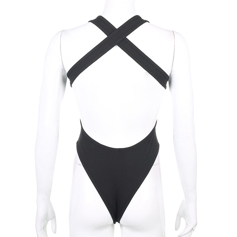 Backless ribbed knitted tank bodysuit from The Clothing Company Sydney, sleeveless and solid in a basic fashion style.