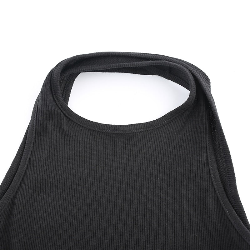 Backless ribbed knitted sleeveless bodysuit by The Clothing Company Sydney, featuring a cross design and solid color.