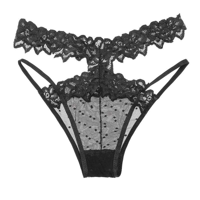 High rise lace panties by The Clothing Company Sydney featuring bandage design, hollow-out transparent fabric, seamless thong style