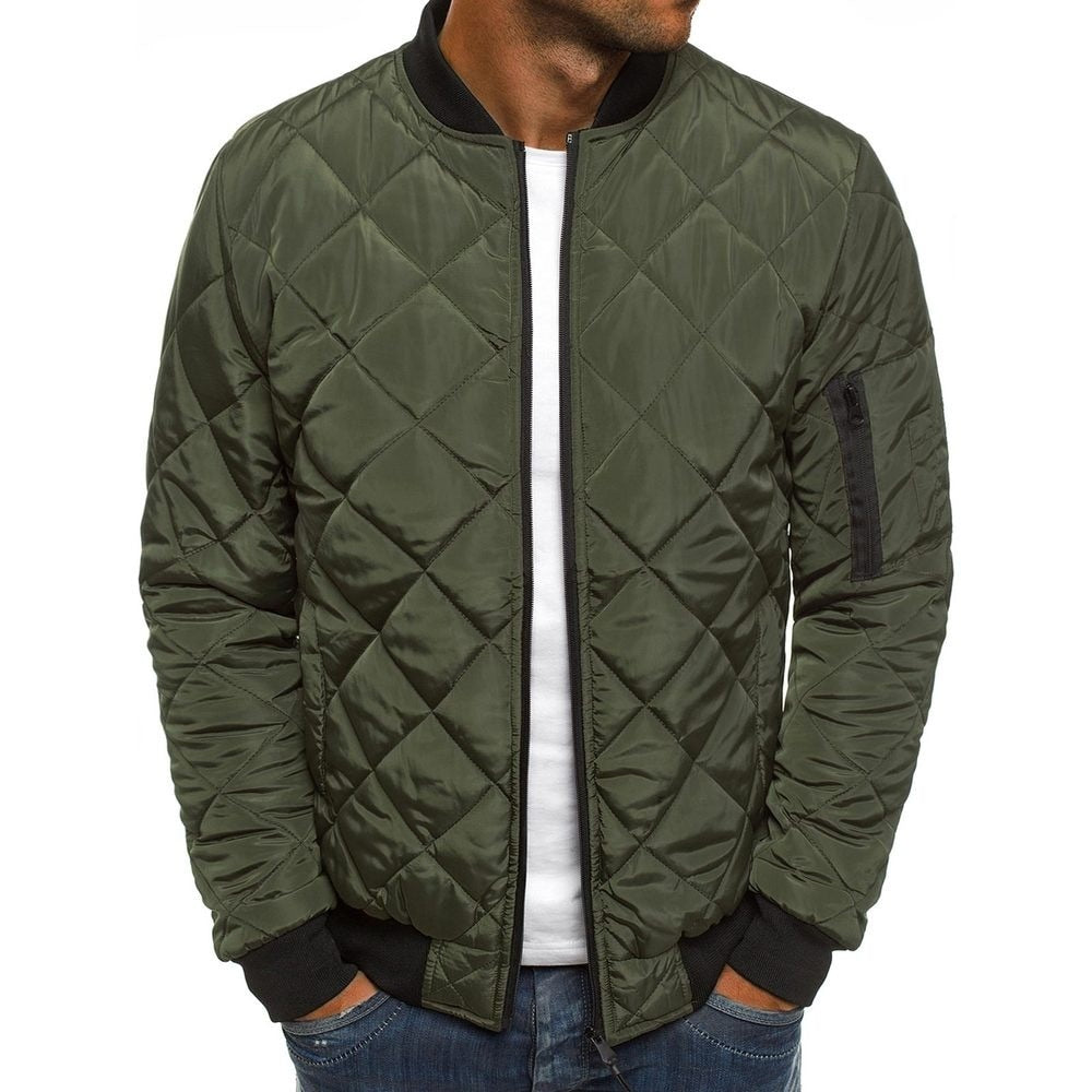 Men's cotton-padded solid color rhombus seam jacket, overcoat style, from The Clothing Company Sydney, shown on a hanger.