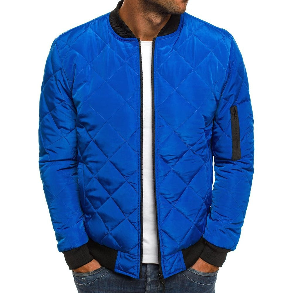 Men's cotton-padded solid color rhombus seam jacket with overcoat style, from The Clothing Company Sydney, shown on a hanger.