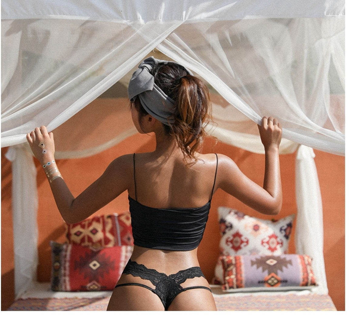 Hollow lace women’s transparent bandage thong underwear with bow, mesh seamless low waist lingerie from The Clothing Company Sydney