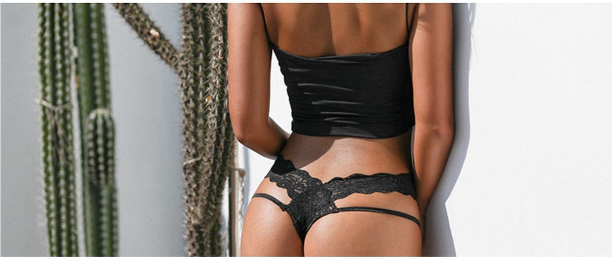 Hollow lace women’s transparent mesh thong with bow detail, seamless low waist bandage underwear by The Clothing Company Sydney