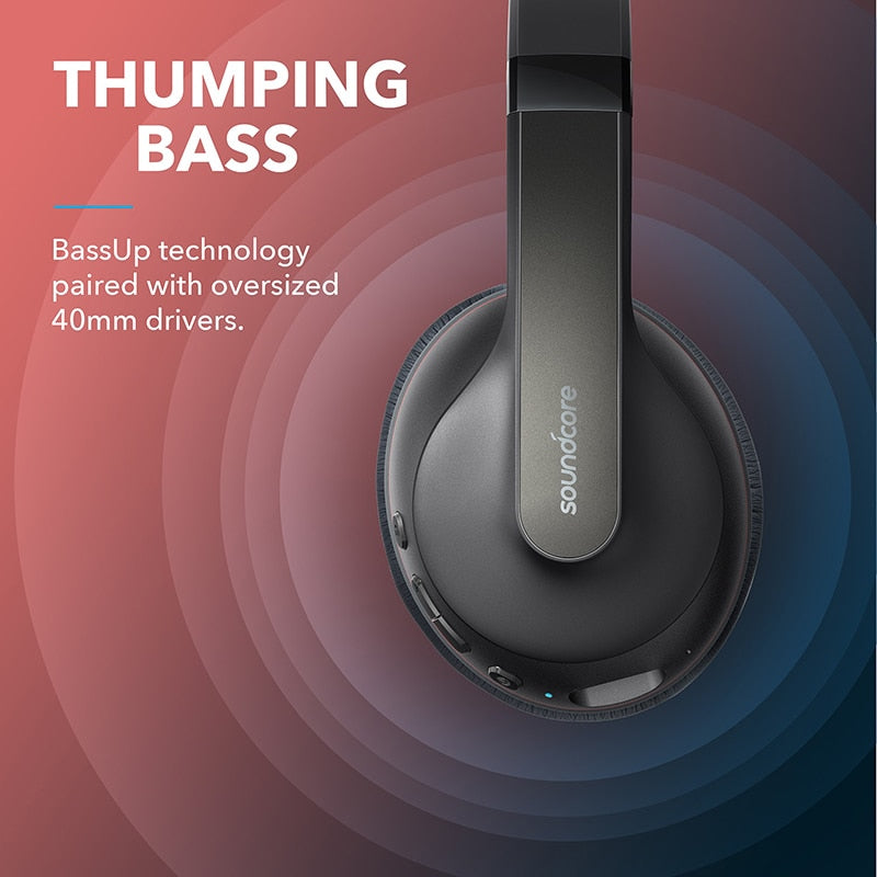 Anker Soundcore Life Q10 wireless Bluetooth foldable headphones with Hi-Res sound, shown in black with cushioned ear cups.