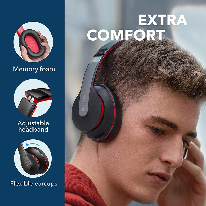 Wireless Anker Soundcore Life Q10 Bluetooth headphones with foldable design and Hi-Res sound, shown in a sleek gadget image.