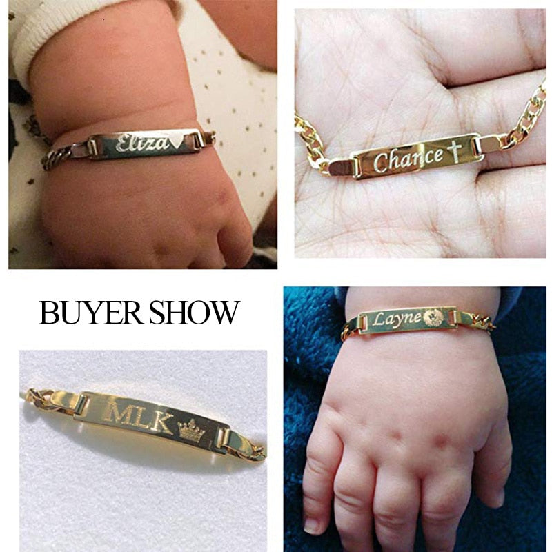 Gold-tone personalized baby name bracelet made of stainless steel, adjustable and custom engraved, from The Clothing Company Sydney.