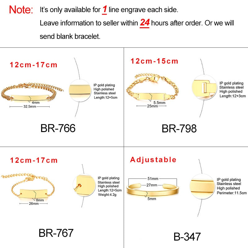 Gold-tone personalized baby name bracelet made of solid stainless steel, adjustable, by The Clothing Company Sydney.
