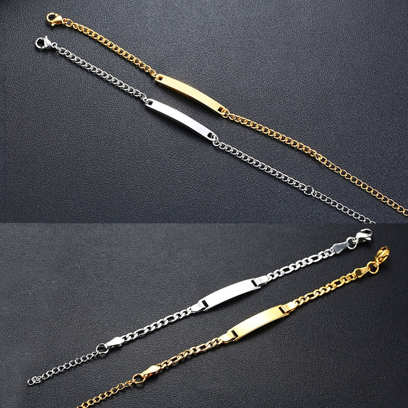 Gold tone stainless steel personalized baby name bracelet with adjustable fit, featuring custom engraving from The Clothing Company Sydney.