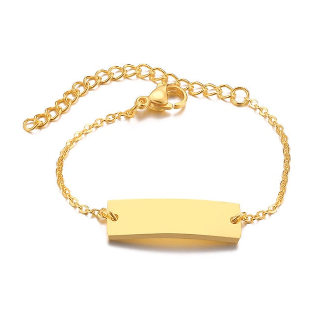 Gold tone personalized baby name bracelet by The Clothing Company Sydney, adjustable solid stainless steel jewelry for infants.