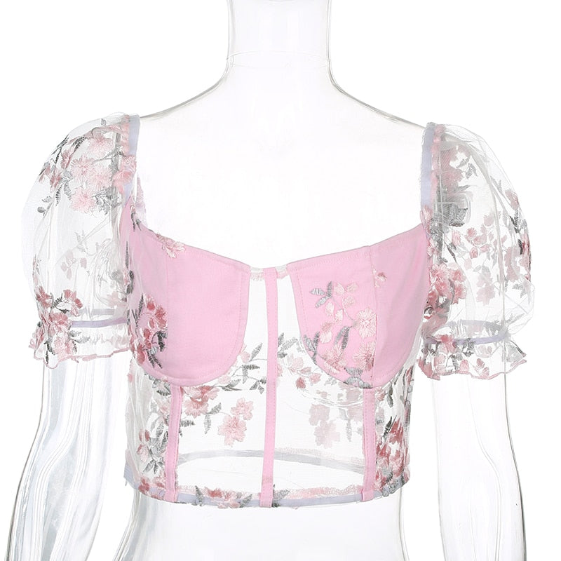 Pink square neck mesh embroidery cropped bustier top with transparent fabric, puff sleeves, perfect for summer fashion.