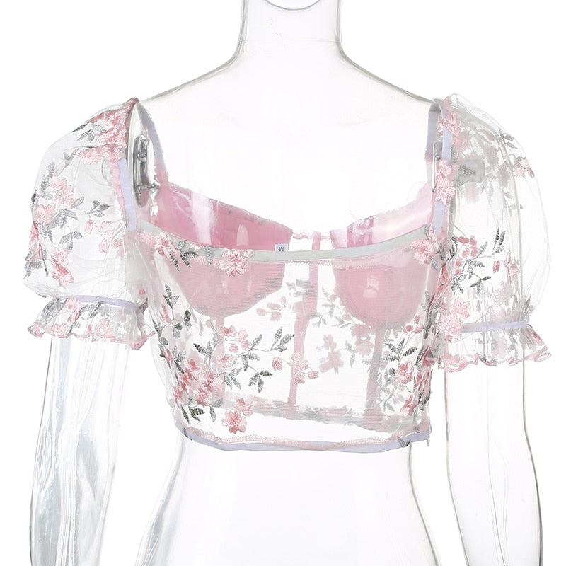 Pink mesh embroidery square neck cropped bustier top with puff sleeves, transparent summer blouse by The Clothing Company Sydney.