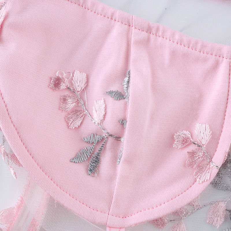 Square Neck Pink Mesh Embroidery Transparent Cropped Bustier Top Summer Shirt Puff Sleeve Blouse The Clothing Company Sydney