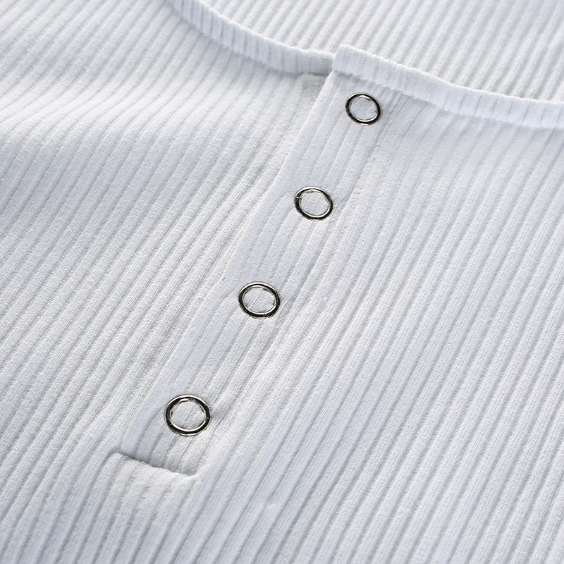 Autumn winter skinny long sleeve button-up bodysuit by The Clothing Company Sydney, showcasing a fitted design with buttons.