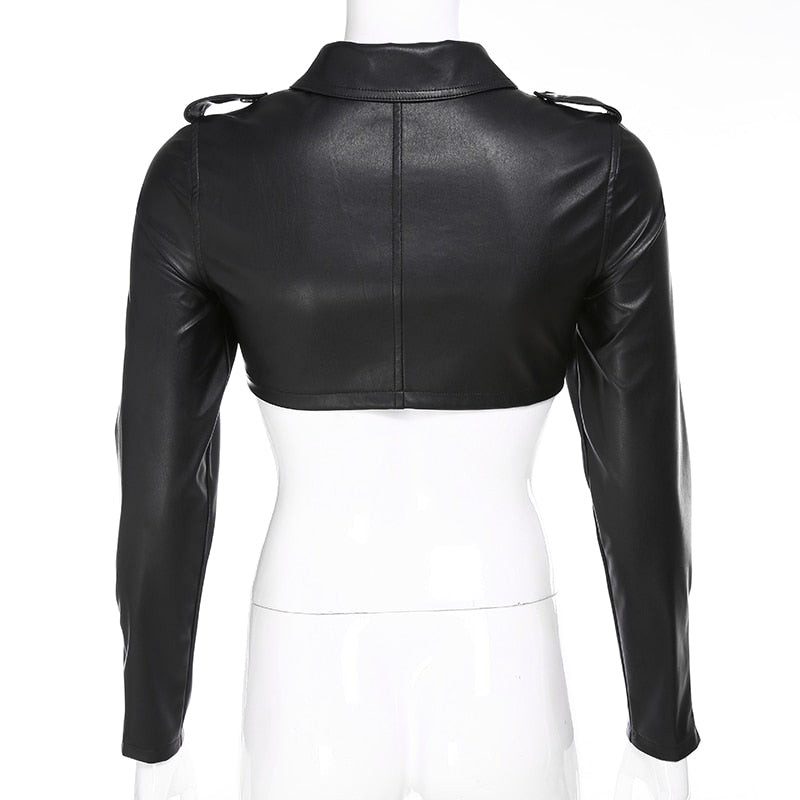 Street motorcycle faux leather women's cropped jacket with zipper details, perfect for autumn fashion, by The Clothing Company Sydney.