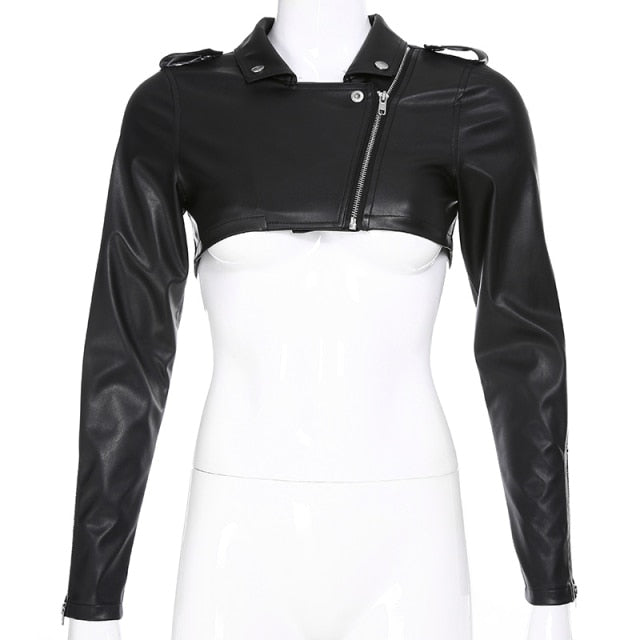 Street motorcycle faux leather women's zipper cropped coat with autumn styling, featuring a fitted top design by The Clothing Company Sydney.