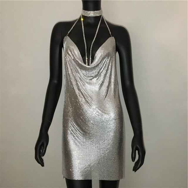 Deep V neck halter split sequined dress for women with backless design, rhinestone chain detail, perfect for parties by The Clothing Company Sydney.