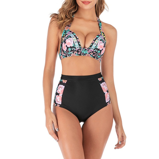 2 Piece High waist bikini set Halter bathing suit swimsuit Plus size bikini Floral print swimwear The Clothing Company Sydney