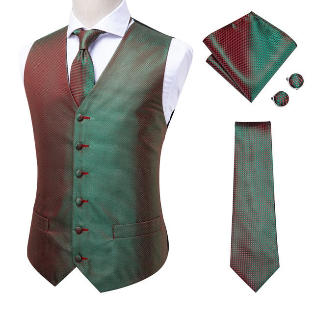 Navy paisley silk dress vest set with tie, cufflinks, pocket square, and waistcoat for men's formal accessories.