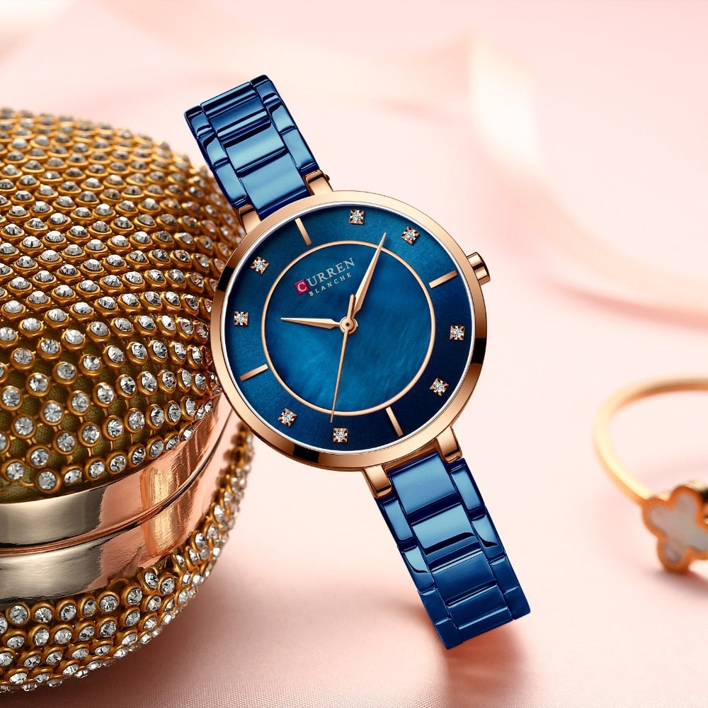 Lady's luxury stainless steel wristwatch with rhinestone dial, quartz movement, water-resistant design from The Clothing Company Sydney.
