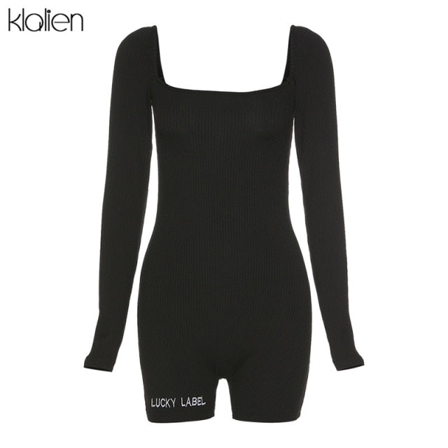 Casual streetwear black spring summer print letter skinny playsuit elastic yoga fitness sportwear playsuit The Clothing Company Sydney