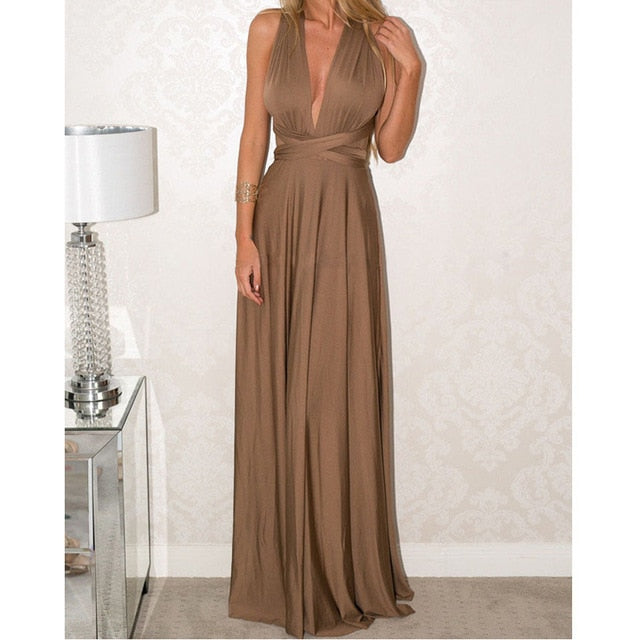 Long boho maxi dress by The Clothing Company Sydney, featuring multiway convertible design and elegant infinity robe style for women.