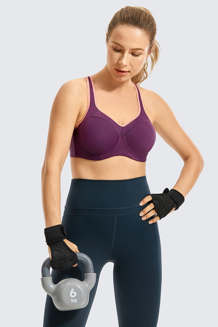 Women's moisture-wicking high-impact sports bra with padded cups, racerback design, underwire support, from The Clothing Company Sydney.