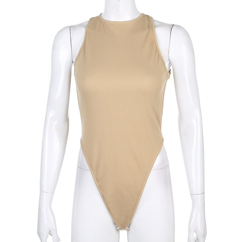 Backless cross design sleeveless ribbed knitted bodysuit by The Clothing Company Sydney, showcasing a solid basic body fit.