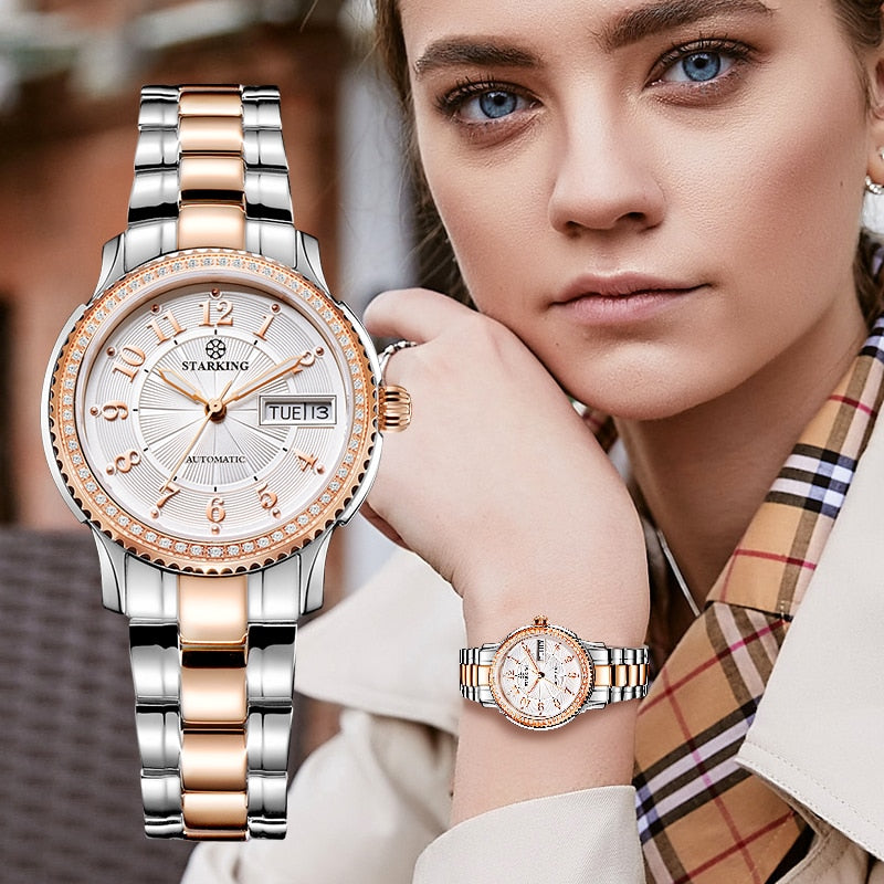 Ladies stainless steel wristwatch with sapphire crystal, automatic Miyota movement, self-winding bracelet watch.
