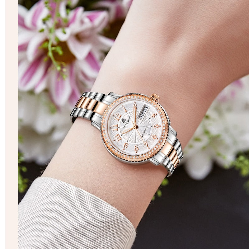 Ladies stainless steel wristwatch with sapphire crystal, automatic Miyota movement, and bracelet design by The Clothing Company Sydney.