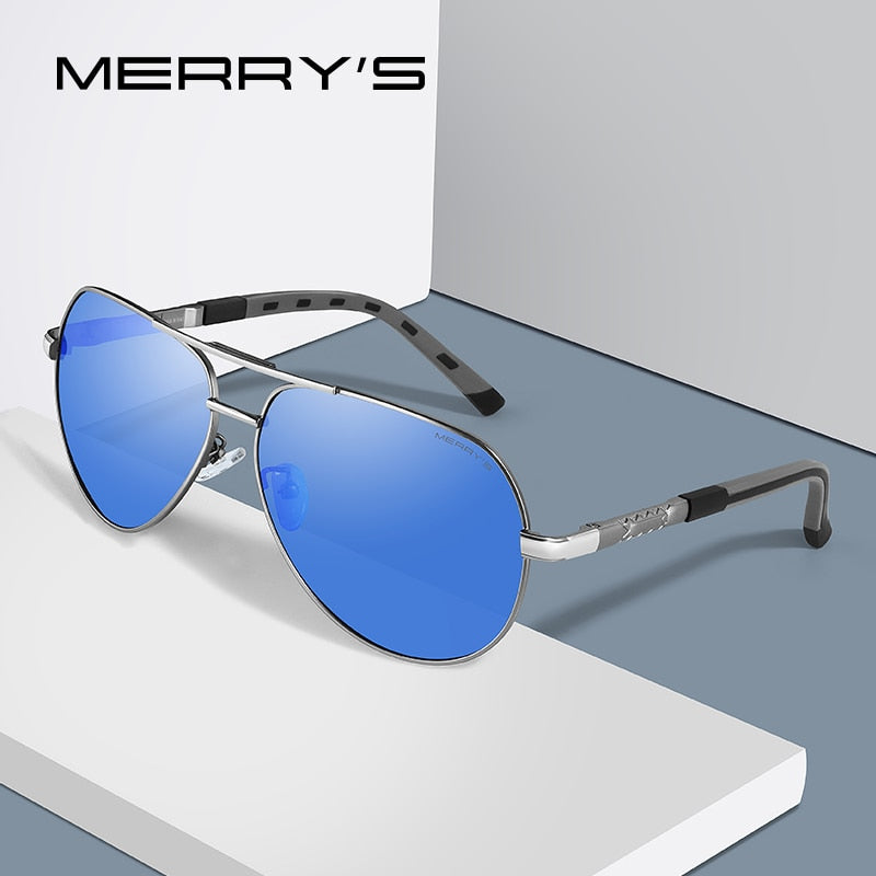 Designer men's aluminum pilot sunglasses with polarized lenses, UV400 protection, aviation frame, suitable for driving.