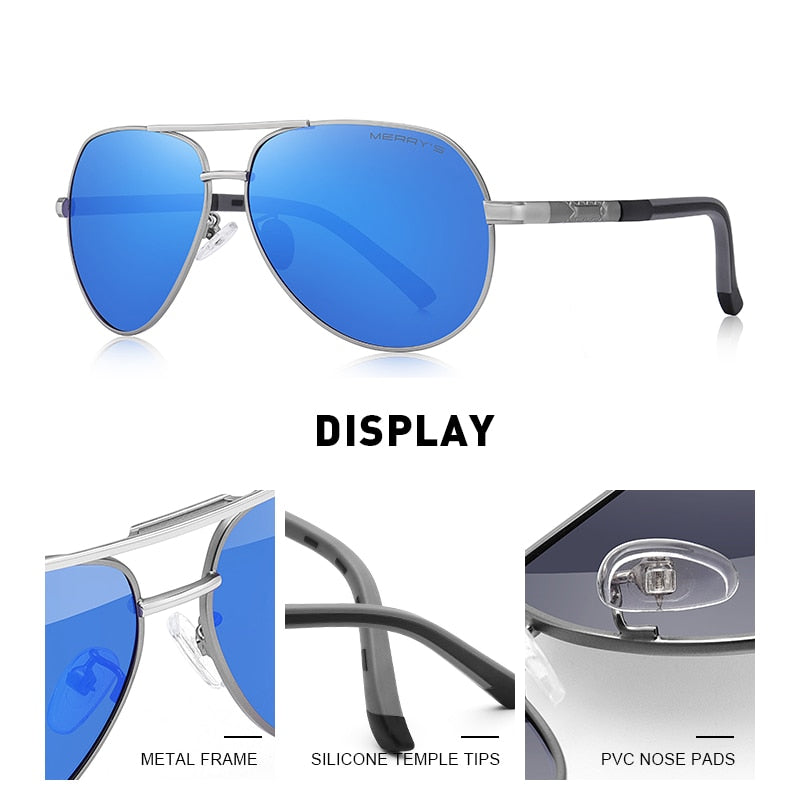 Designer men's aluminum pilot sunglasses with polarized lenses, UV400 protection, aviation frame, ideal for driving.