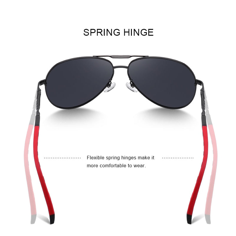 Designer men's aluminum polarized pilot sunglasses with UV400 protection, aviation frame, ideal for driving and outdoor wear.