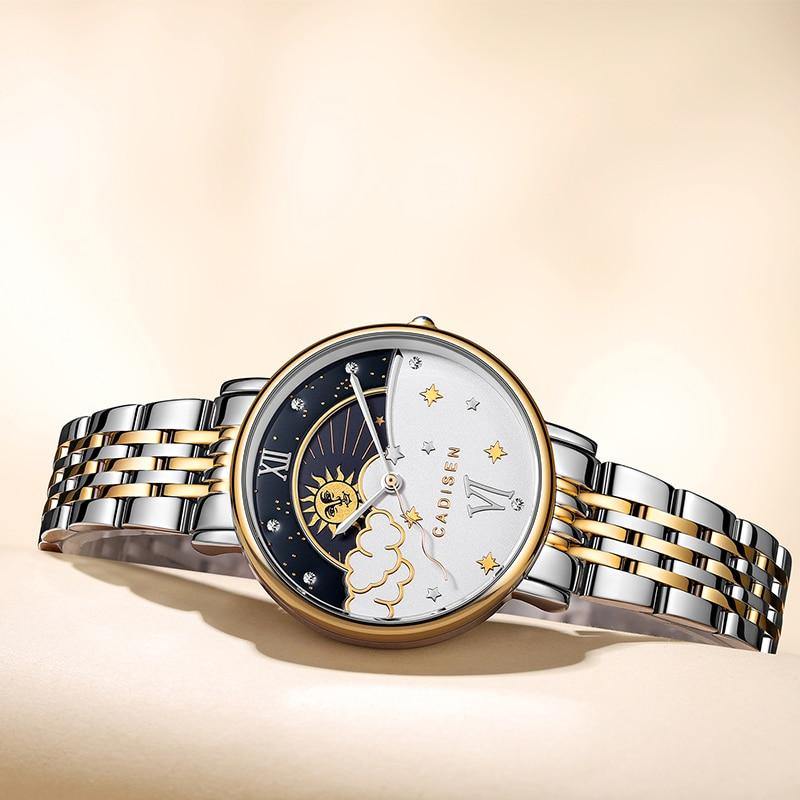 Rose gold women's quartz wristwatch with moon phase display by CADISEN, featuring elegant design and luxury style.