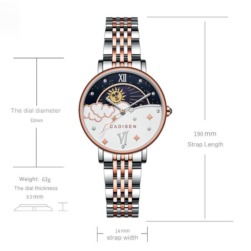 CADISEN women's luxury rose gold quartz wristwatch with moon phase display, stylish fashion brand timepiece for ladies.