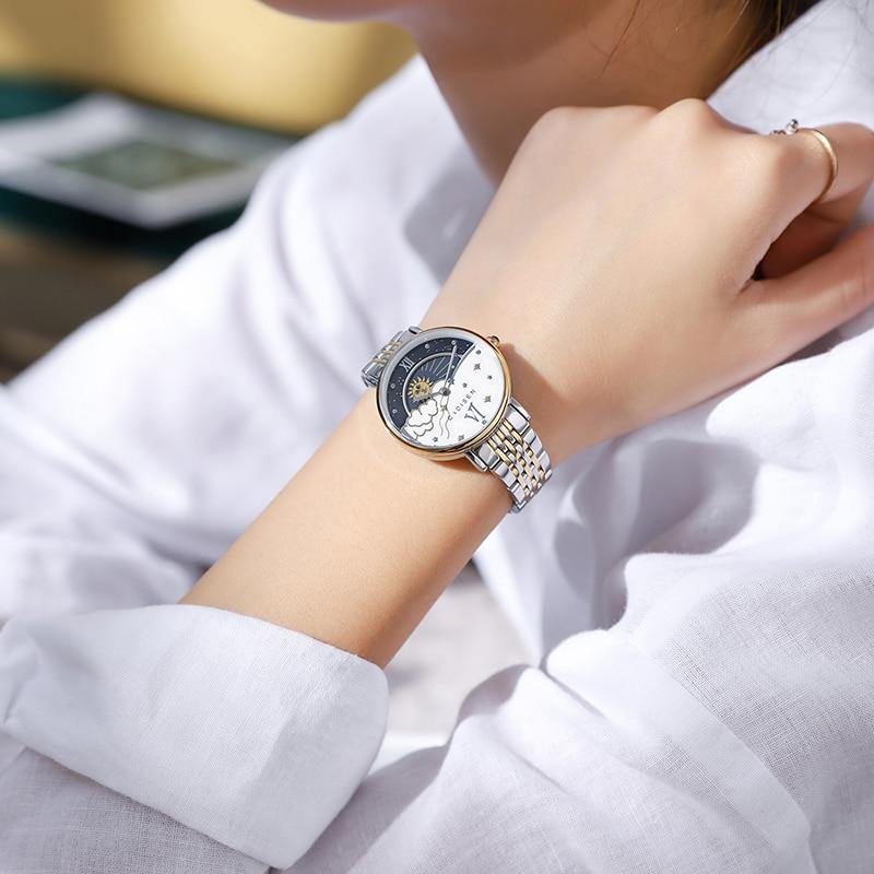 CADISEN women's luxury rose gold quartz wristwatch with moon phase display, elegant design, perfect for ladies' fashion accessories.