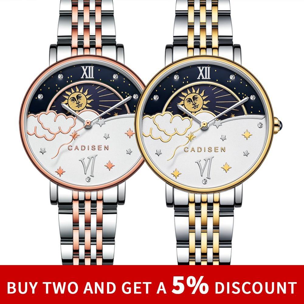 CADISEN women's luxury rose gold quartz wristwatch with moon phase display, elegant design, and feminine style.