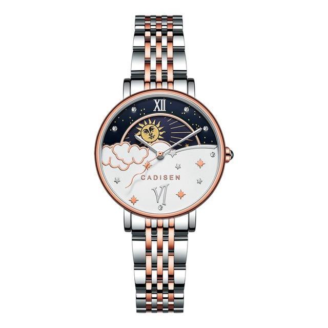 Rose gold women's quartz wristwatch with moon phase display from CADISEN, featuring a luxurious design and elegant style.
