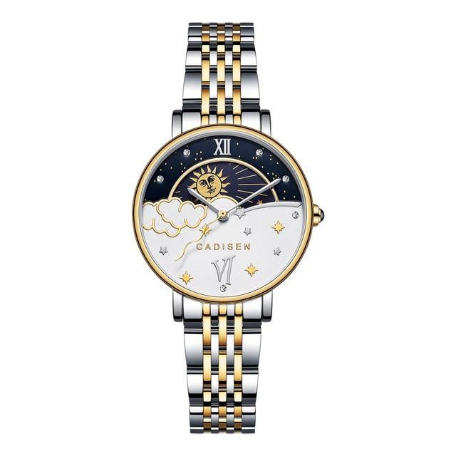 CADISEN women's rose gold quartz wristwatch with moon phase display, elegant design, and luxury style for ladies.