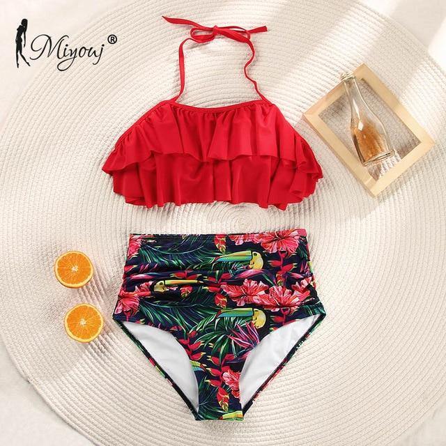 Deep V neck floral print bikini swimsuit with bow detail and lace-up design from The Clothing Company Sydney.