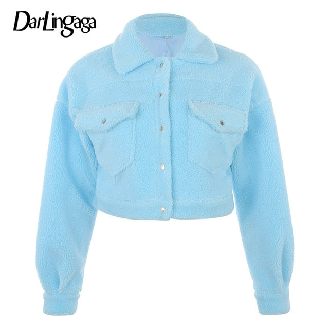 Shaggy warm cropped fleece overcoat by The Clothing Company Sydney, featuring a single-breasted design for autumn and winter.