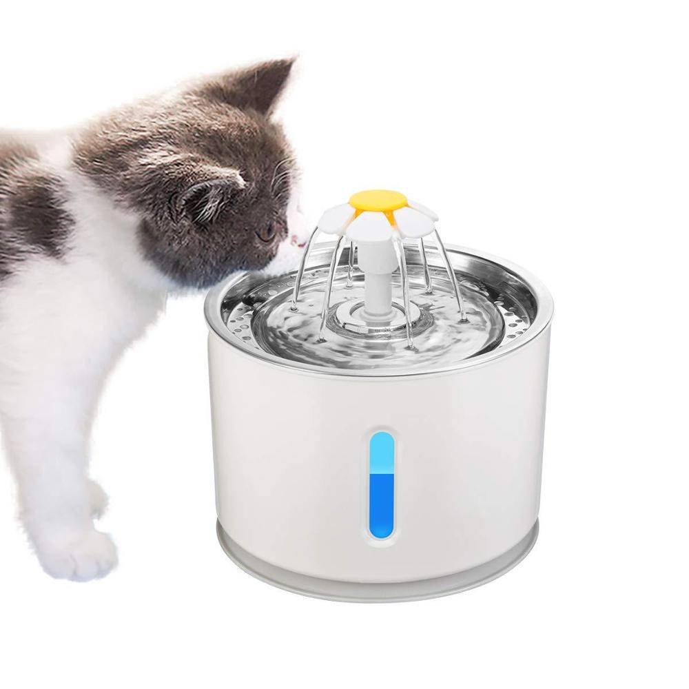 Automatic pet water fountain for cats and dogs, 2.4L capacity with LED light, USB powered, quiet electric pet drinker and feeder bowl.