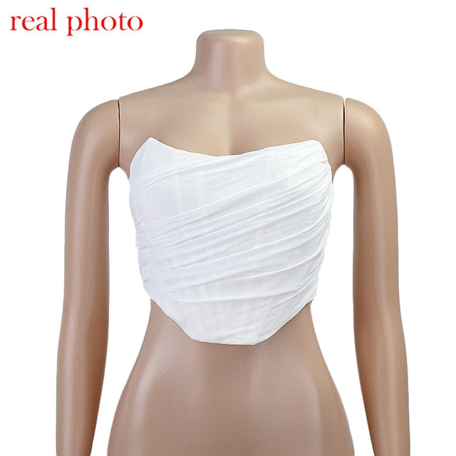Sleeveless strapless bustier corset crop top with mesh back and zipper, perfect for summer fashion from The Clothing Company Sydney.