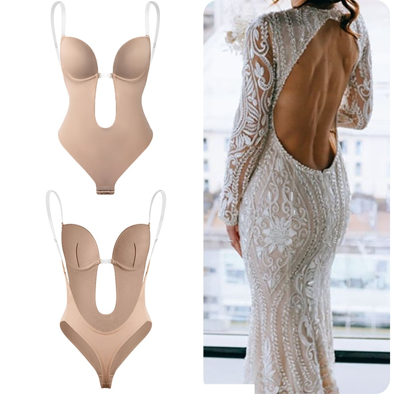 Deep V-neck backless shapewear bodysuit with U-plunge, padded push-up cups, clear straps, and waist trainer from The Clothing Company Sydney.