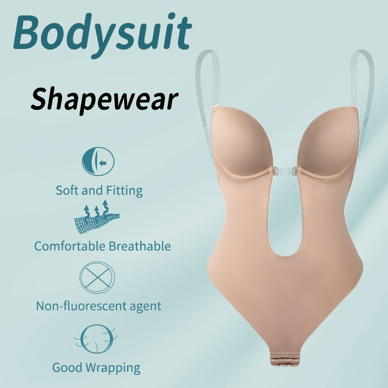 Deep V-neck backless shapewear bodysuit with clear straps, padded push-up design, waist trainer, and thong style from The Clothing Company Sydney.