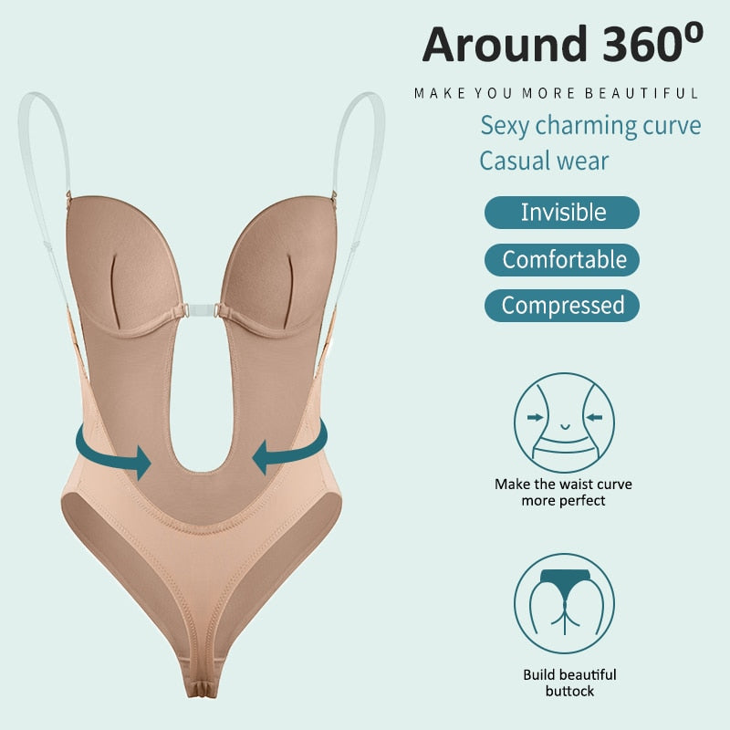 Deep V-neck backless bodysuit shapewear with clear straps, padded push-up corset, U-plunge design, waist trainer, from The Clothing Company Sydney.