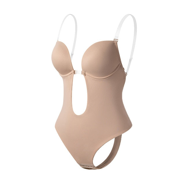 Deep V-neck backless bodysuit shapewear with clear straps, padded push-up design, U-plunge, and waist trainer from The Clothing Company Sydney.